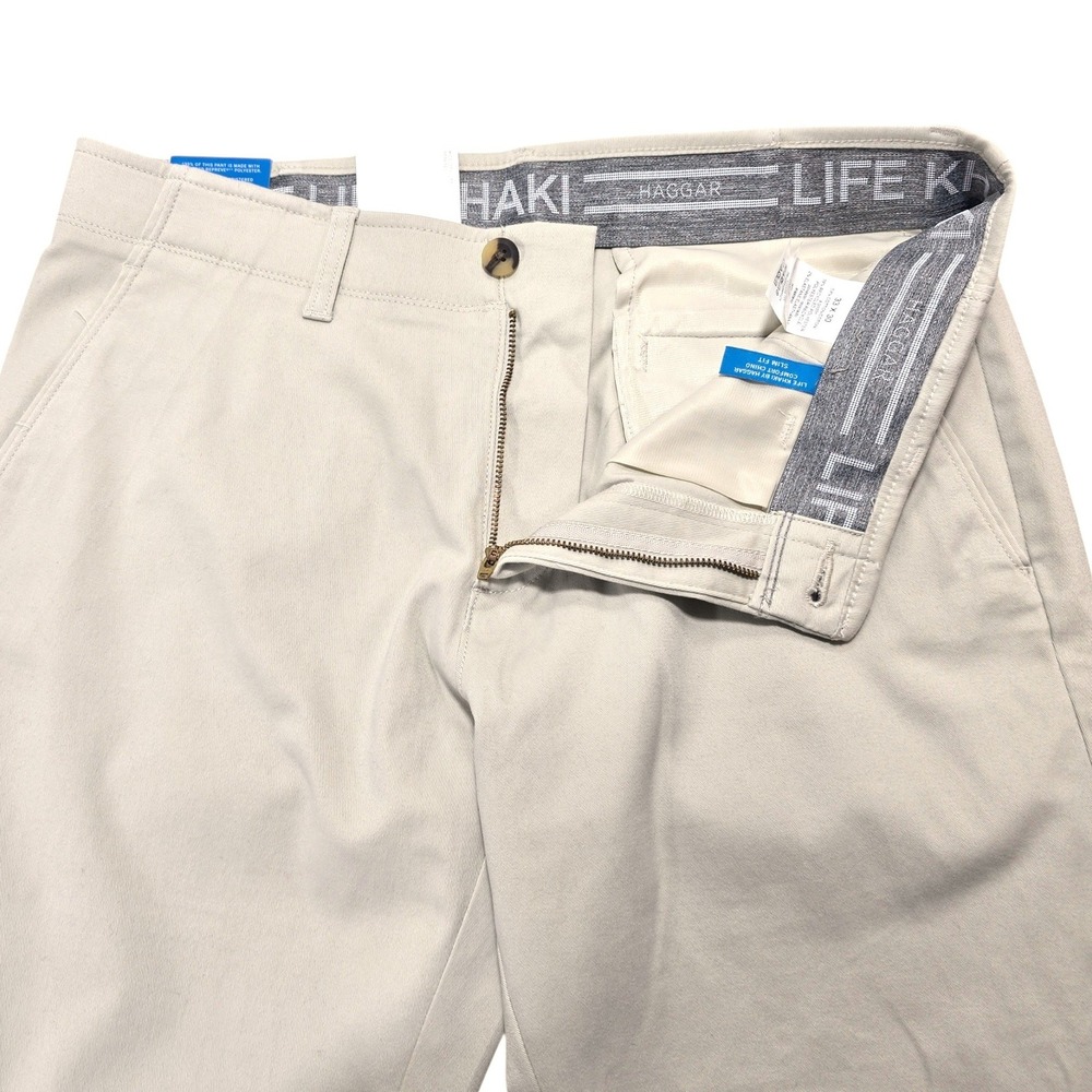 Haggar Life Khaki Pants Mens 33x30 Putty Beige Cotton Slim Fit Stretch Chino NEW - Picture 4 of 9